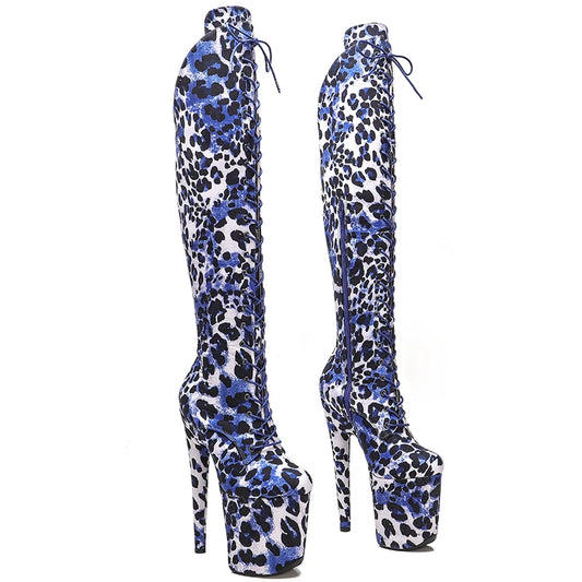 20CM/8inches Leopard  upper  fashion  Knee High Boots For Women  Chunky Platform High Boots Party Shoes Ladies 5B
