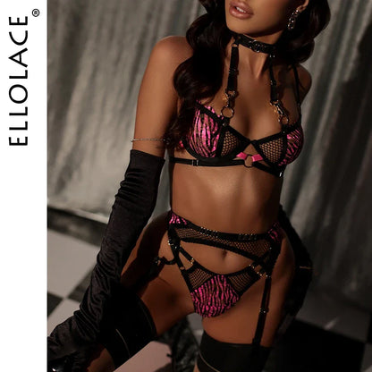 Ellolace Zebra Lingerie Fancy Lace Underwear See Through Halter Bra Delicate Intimate Luxury Sexy Outfits Garters Brief Sets