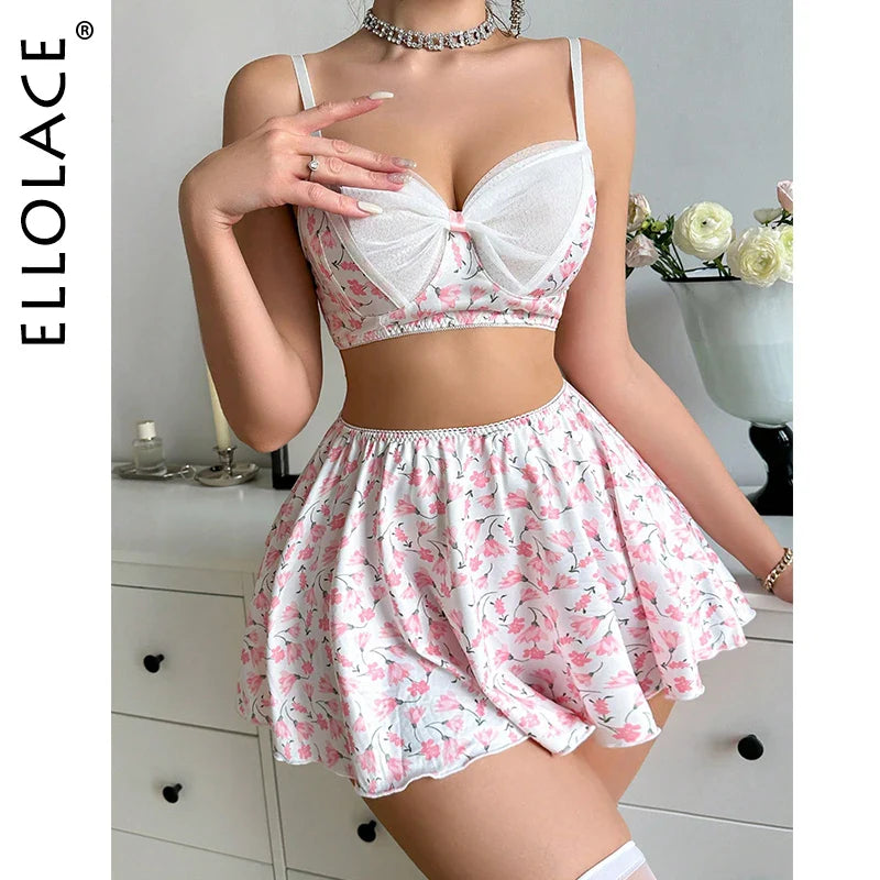 Ellolace Bowknot Sexy Outfits Lingerie Transparent Lace Seductive Clothing Sets Erotic Ensemble Skirt Set Sissy Girl Sex Suit