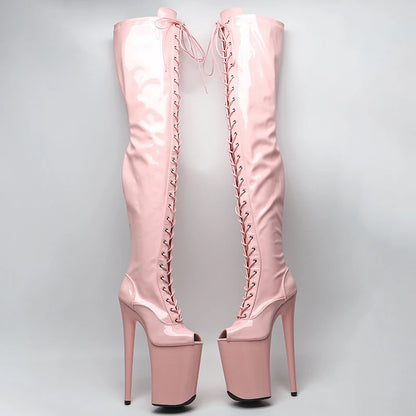 23CM/9inches Patent Upper Women Fashion High Heel Platform Open Toe Thigh High Boots Pole Dance Boot