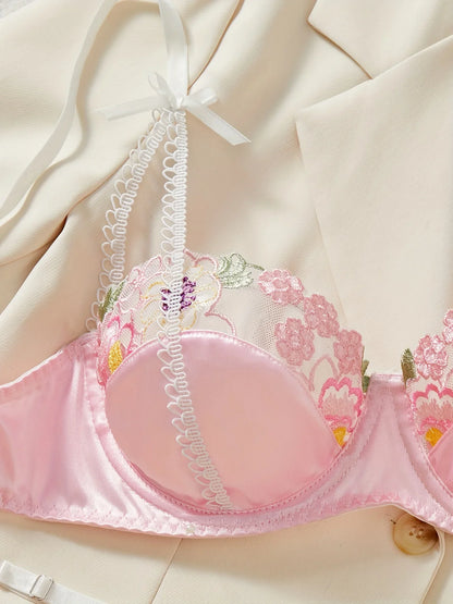 Ellolace Pink Lace Lingerie Sweet Girl Slip Underwear Silk Delicate Embroidery Bilizna Set Sissy Translucent Tulle Intimate