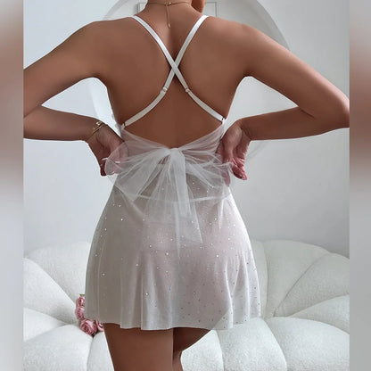 Ellolace White Night Dress With Diamond Lace Sexy Sleepwear Outfits Fantasy See Through Nightwear Attractive Nighty For Women