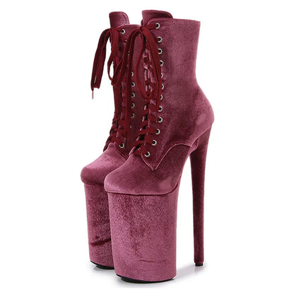 Sexy Ankle Boots 26cm 10Inches Women Exotic Pole Dance Shoes Platform Fashion Flannel Lace Up Nightclub Stripper Heels