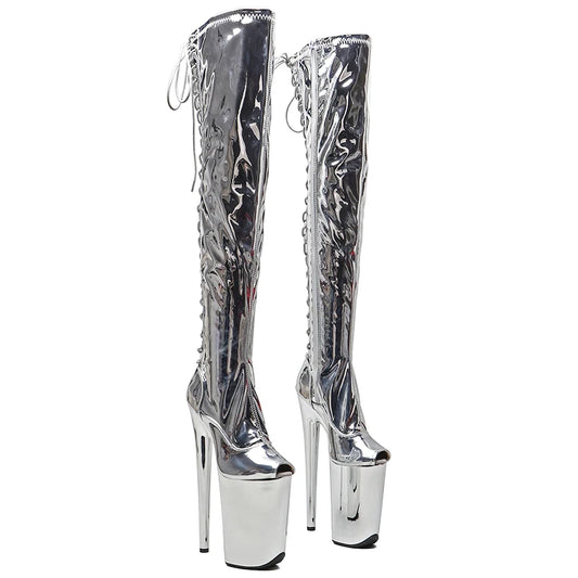 23CM/9inches Shiny PU  upper y boots  Small Open Toe Silver  electroplate High Heels Platform Pole Dance shoes