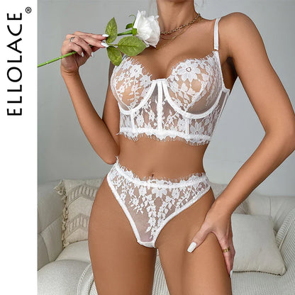Ellolace Sexy Lingerie Transparent Bra Set Women 2 Piece Lace Underwear White Sensual Wedding Intimate Porn Erotic Outfits