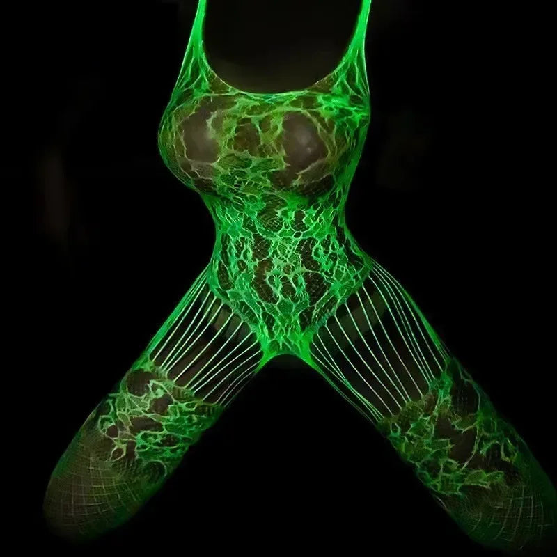 Glow in The Dark Fishnet  Bodysuit Women  Lingerie Open Crotch Bodystockings Party Club Luminous  Clothes
