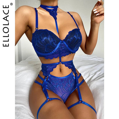 Ellolace Sensual Lingerie Woman Padded Underwear Set Garter Femme Lace Push Up Bras G-String Panties Underwear Women Sexy Outfit