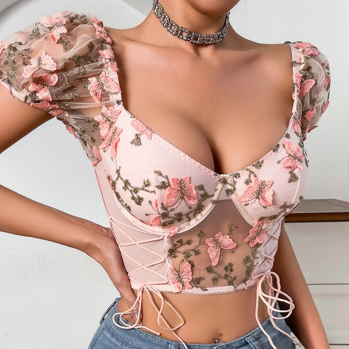 Ellolace Fancy Pink Crop Top Puff Sleeves Sexy Youthful Woman Clothes Square Neck Lace Butterfly Lace Up Ladies Fashion Cropped