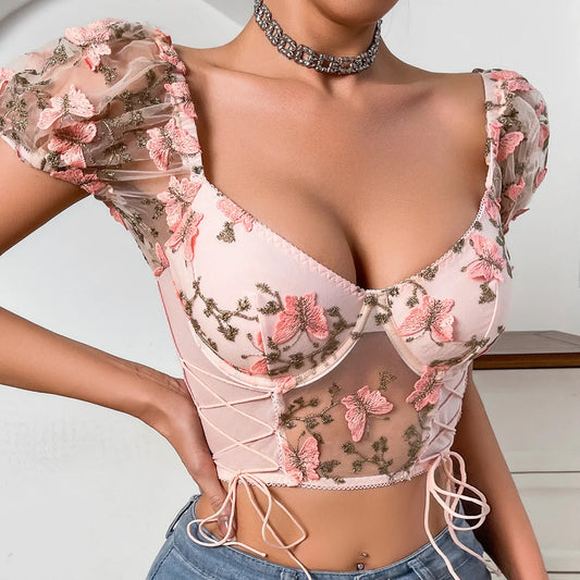 Ellolace Fancy Pink Crop Top Puff Sleeves Sexy Youthful Woman Clothes Square Neck Lace Butterfly Lace Up Ladies Fashion Cropped