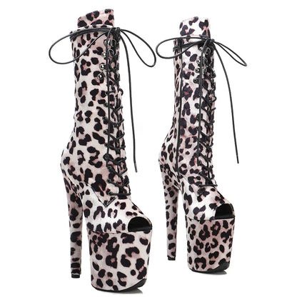 20CM/8Inch lady  Leopard  PU  upper  High Heels Pole Dance boot
