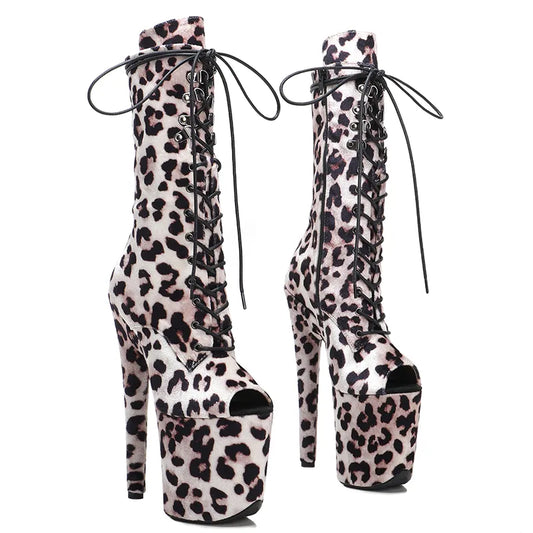 20CM/8Inch lady  Leopard  PU  upper  High Heels Pole Dance boot