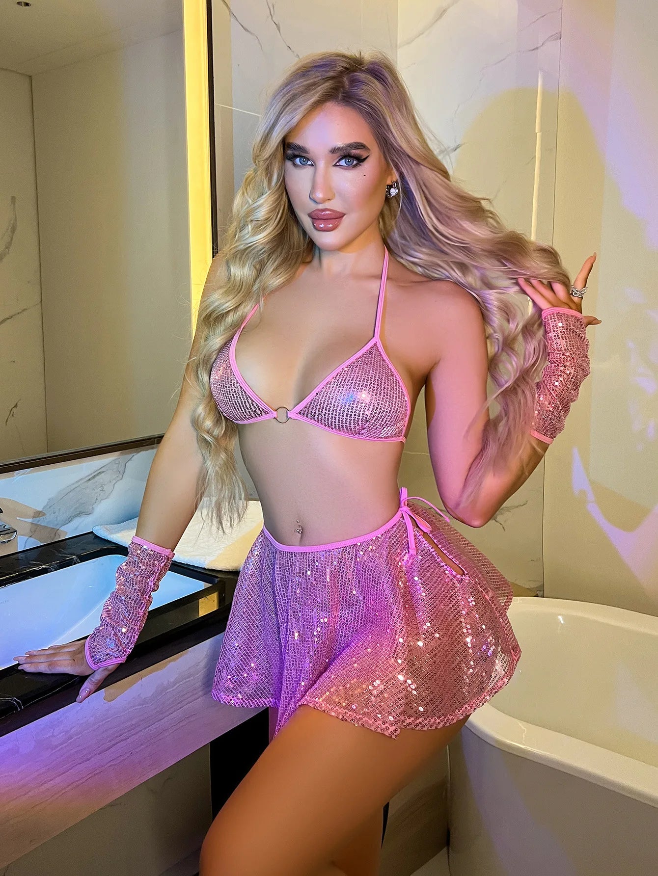 Sequined Nightclub Lingerie 4-Pieces Exotic Girls  Sweets y Skirt With Cuff Glow In The Dark Bra And Thong Set