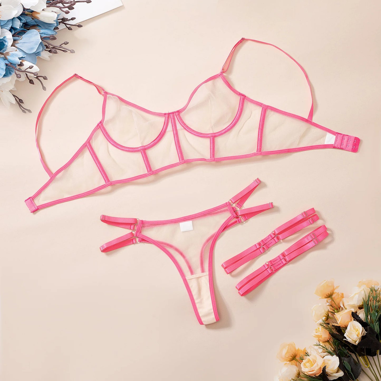 Neon Pink Lingerie y  Underwear Women Body Sheer Bra y Costume  Uncensored 4-Piece  Sets Intimate