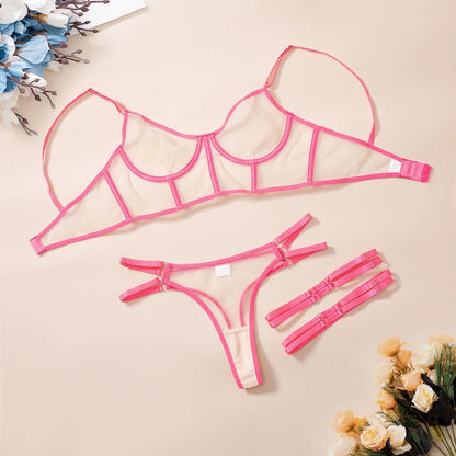 Neon Pink Lingerie y  Underwear Women Body Sheer Bra y Costume  Uncensored 4-Piece  Sets Intimate