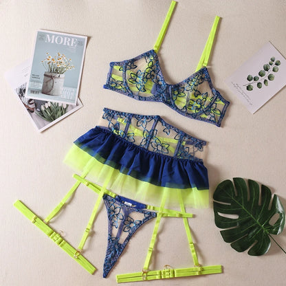 Ruffle Neon Lingerie Lace Super Fine  Underwear Uncensored Fancy Delicate Intimate Luxury Garter 5-Piece Outfit
