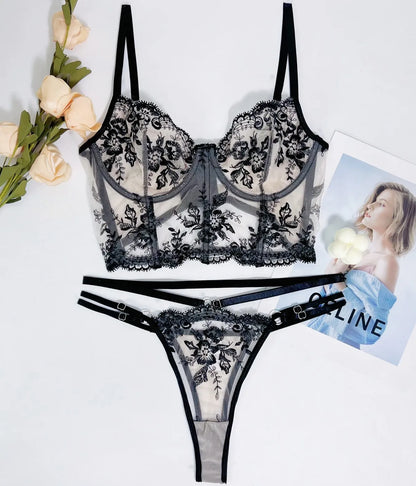 Fancy Lingerie Floral Delicate Underwear Seamless Bra Set Women 2 Piece See Through Luxury Lace Intimate  Outfits