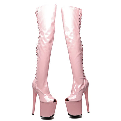 20cm/8inches Patent  Leather  Extreme High Heels Platform Boots Lace Up y Pole Dancing   thigh high boots  5K