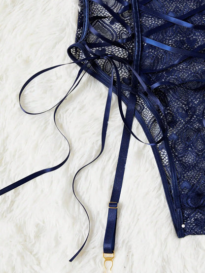 Ellolace Sexy Lingerie Lace Bodysuit Lace Up Hollow Out Teddy Bodysuit With Fishnet Stocking Navy Blue Love Fancy Onlyfans Body