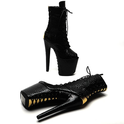 20CM/8Inch Shiny PU  with Gold color Small open toe   Platform disco party High Heels Shoes Pole Dance boot