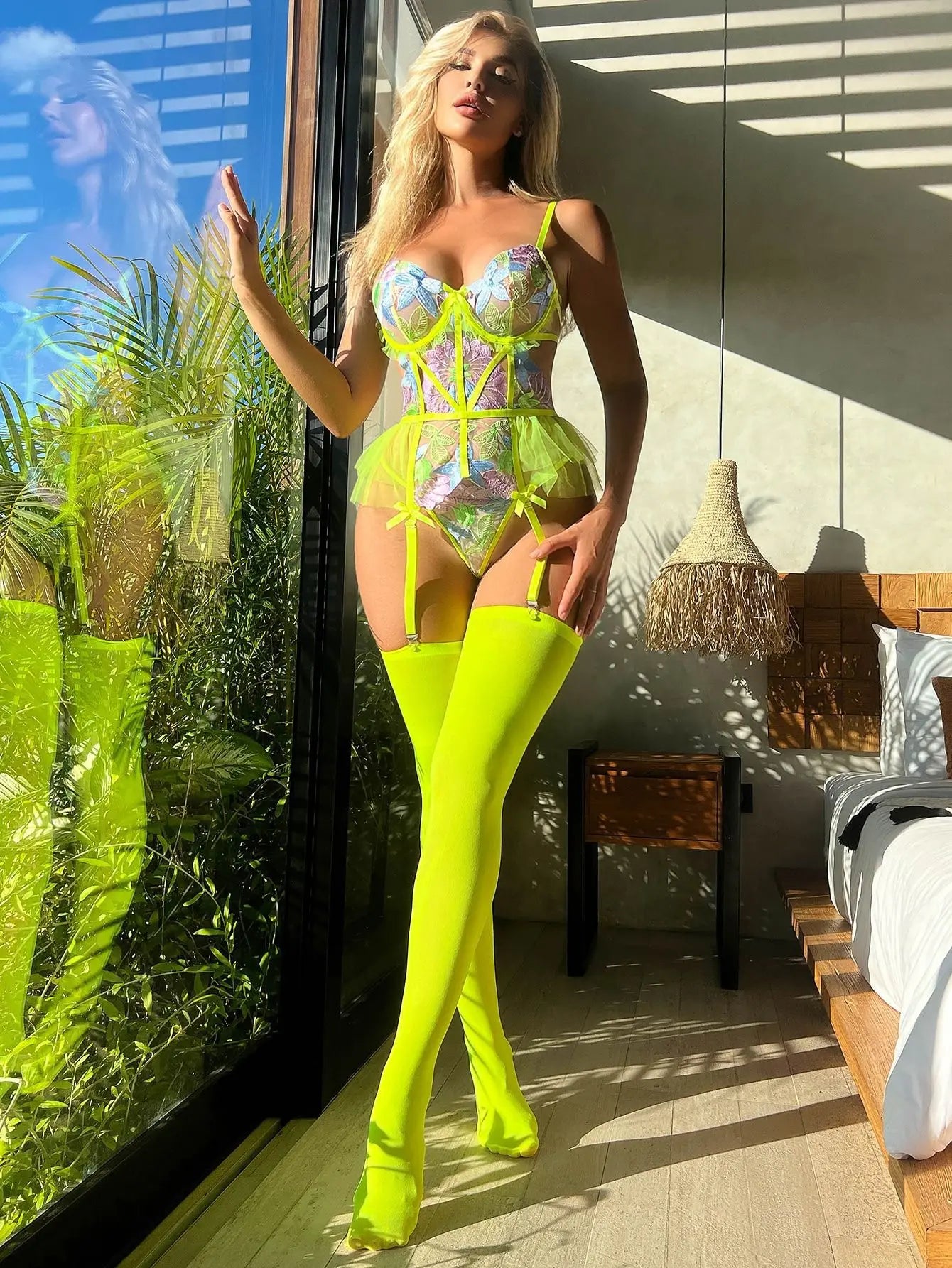 Luxury Lace Bodysuit With Stocking Neon Green Floral Body Ruffle Garter Festival Outfit  Top Tight Fitting Babydoll