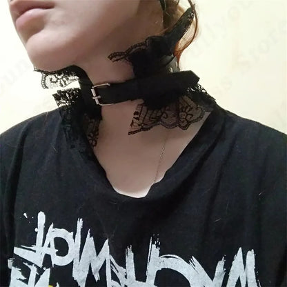 Women  Leather Harness Traction Rope Metal Link Chain Bell Pendant Punk Collar Choker Necklace  Accessories