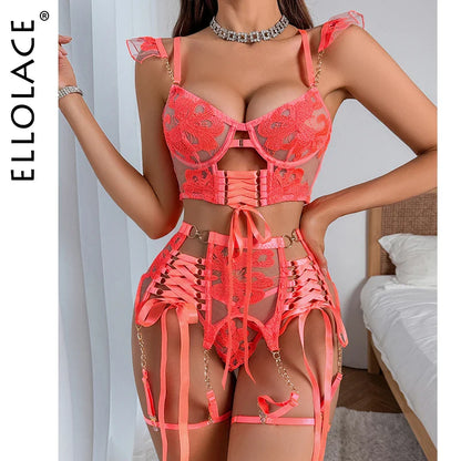 Ellolace Luxury Neon Orange Erotic Lingerie Transparent Ensemble Underwear g-String Thongs Fantasy Attractive Chest Suspenders