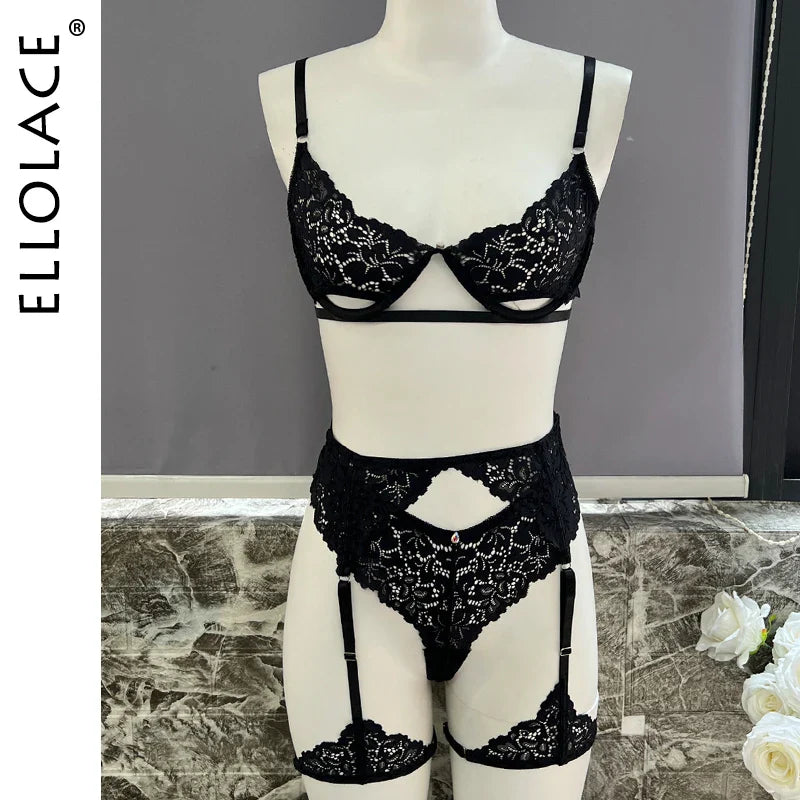 Ellolace Erotic Lingerie Cut Out Bra Garter Fancy Onlyfans Underwear See Through Lace Bilizna Sexy Kinky Outfit Hot Intimate