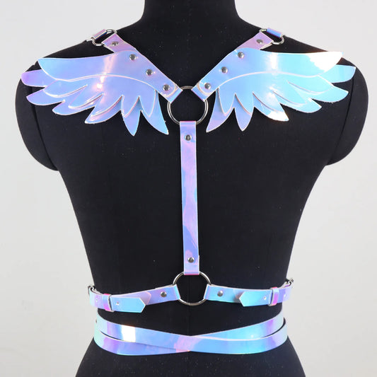 Fashion Laser Angel Wings Body  Harness Double Shoulder Strap Leather Colthing Accessories Belt  Punk Rave Garter
