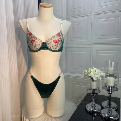 Ellolace Floral Sexy Erotic Lingerie Woman Transparent Lace Bra Satin Intimate Female Without Censorship Romantic Bilizna Set