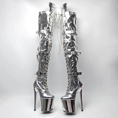 20CM/8inches Shiny Patent Upper Women High Heel Platform Lace up And Buckle Strap Thigh High Boots Pole Dance Boots