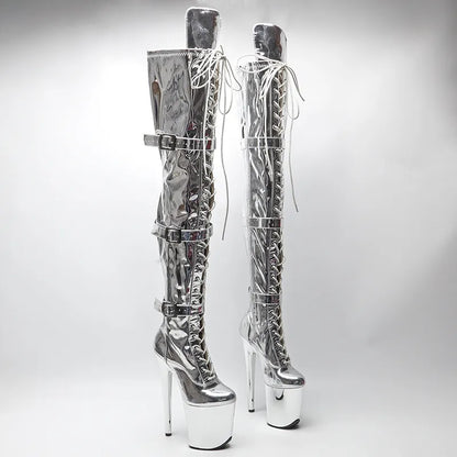 20CM/8inches Shiny Patent Upper Women High Heel Platform Lace up And Buckle Strap Thigh High Boots Pole Dance Boots