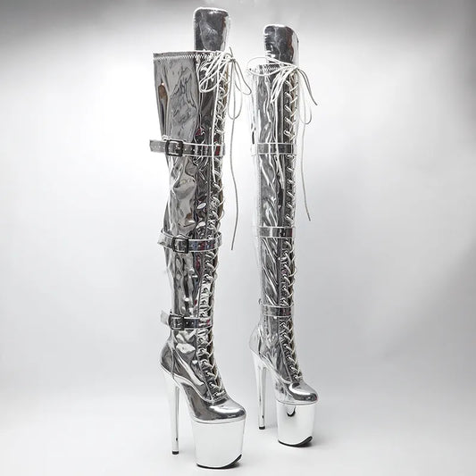 20CM/8inches Shiny Patent Upper Women High Heel Platform Lace up And Buckle Strap Thigh High Boots Pole Dance Boots