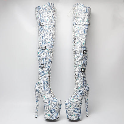 20CM/8inches Dollar pattern Women New Design  Extreme High Heel   Lap Dancing Stripper Shoes Platform Lace-up 5B