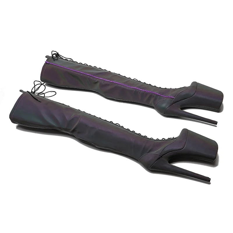 23CM/9inches Reflective material PU  fashion  lady  High Heel platform  Pole Dance boots