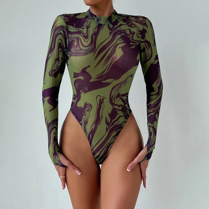 Ellolace Tie Dye Sexy Body Woman 2024 Long Sleeve One Piece Girl Body Seamless Sissy Tops Crotchless Tight High Cut Ladies Cloth