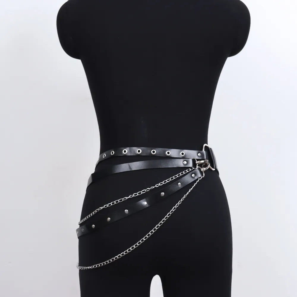 Cadena de cuero PU para mujer, cinturón negro a la moda, ligas góticas, pretina, diseño de anillo circular de Metal, decoración de vaqueros Harajuku 