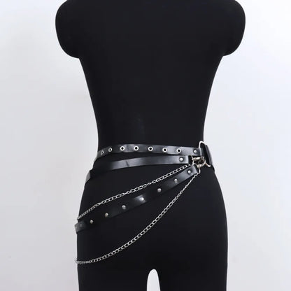 Cadena de cuero PU para mujer, cinturón negro a la moda, ligas góticas, pretina, diseño de anillo circular de Metal, decoración de vaqueros Harajuku 