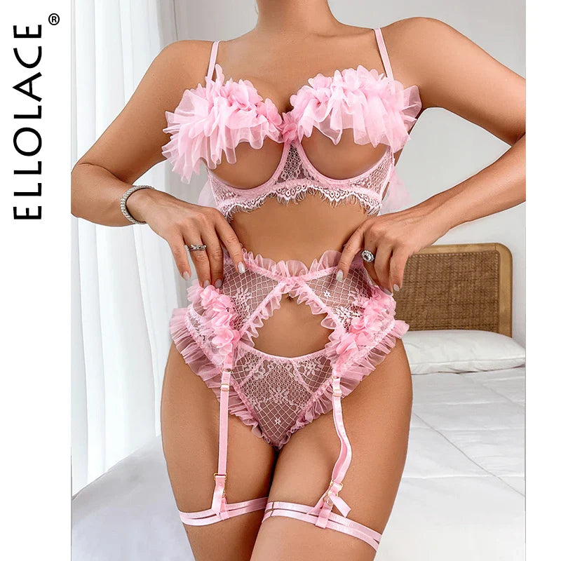 Ellolace Fantasy Onlyfans Kit Lingerie Frill Trim Open Chest Sexy Underwear Without Censorship Sissy Open Crotch Pink Outfits