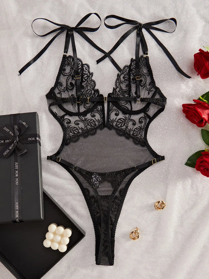 Body à fleurs sans couture, poupée transparente, tenue en dentelle, décolleté en V profond, entrejambe ouvert, collants de Lingerie exotique