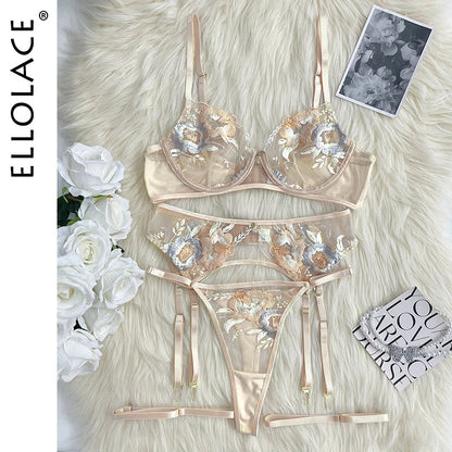 Ellolace Floral Romantic Lingerie Fancy Women's Underwear Set Transparent Bra Embroidery Ensemble Sexy Outfits Fantasty Intimate