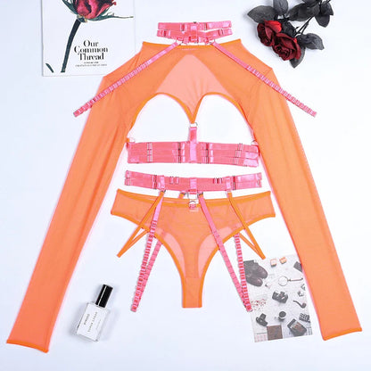 Ellolace Sexy Lingerie Cut Out Top Sheer Lace Transparent Exotic t-Shirts Gothic Sensual Accessories 4-Piece Garter Belt Outfits