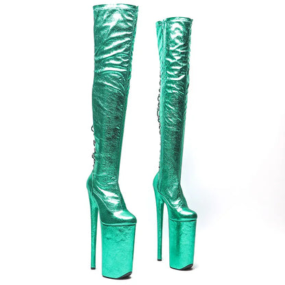 26CM/10inches Patent Upper Women Fashion High Heels Platform Closed Toe Lace Up And Thigh High Boots Pole Dance Boots