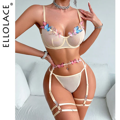 Ellolace Sexy Lingerie Nude Lace Underwear With Butterfly Attractive Chest Suspenders Erotics Bra Thong Seamless Fancy Outfits