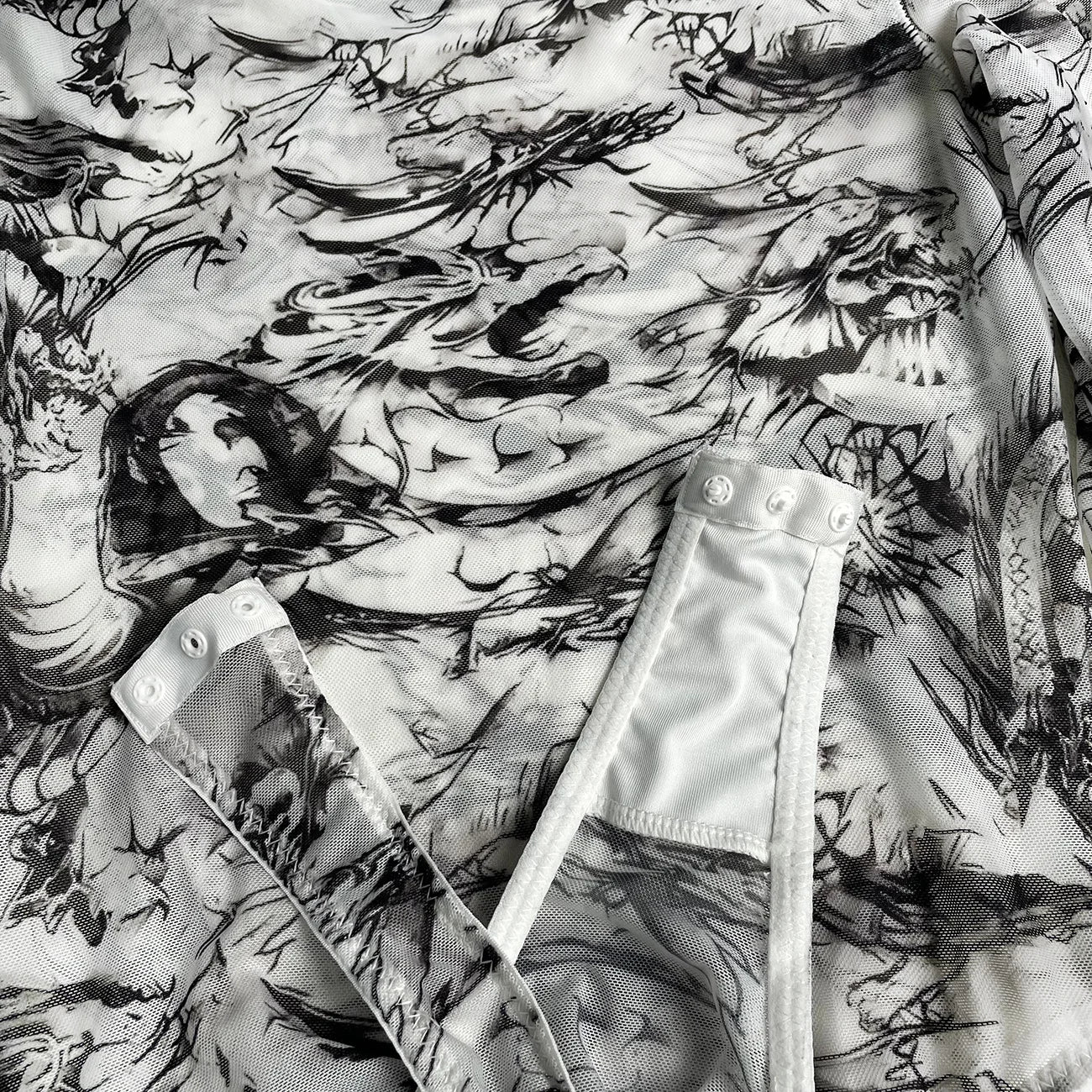 Body de encaje con estampado de dragón, Body transparente de manga larga, Tops de malla elegantes, monos de fantasía, peluche con entrepierna abierta 