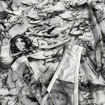 Body de encaje con estampado de dragón, Body transparente de manga larga, Tops de malla elegantes, monos de fantasía, peluche con entrepierna abierta 
