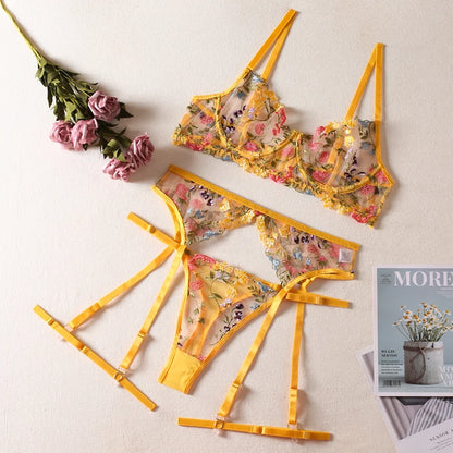 Fancy Lingerie Transparent Bra Floral Embroidery Underwear 5-Piece Sheer Lace Luxury Intimate Garter y Outfits