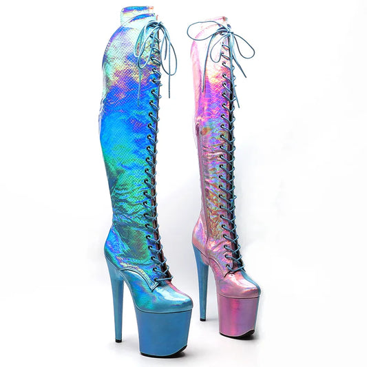 Holo Pink with Blue 20CM/8inch Pole dancing High Heel platform Boots with lace and zipper