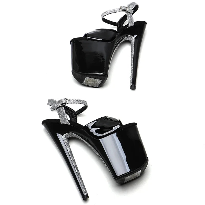 20cm/ 8inches Patent PU  Upper  black-silver glitter  platform  high heel  open toe sandals  pole dance shoes