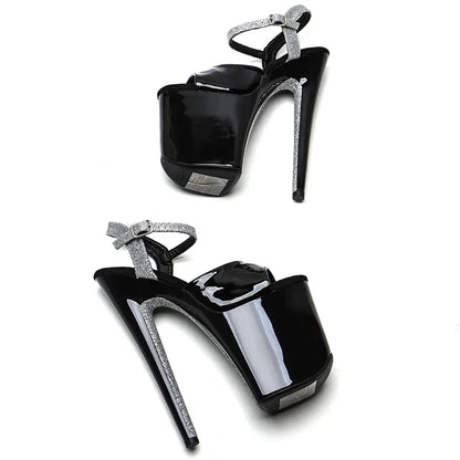 20cm/ 8inches Patent PU  Upper  black-silver glitter  platform  high heel  open toe sandals  pole dance shoes