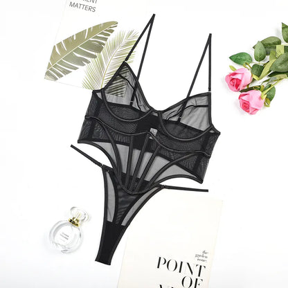 Sensual Lingerie Black Transparent Set Women 2 Piece Sheer Lace Exotic Intimate Daily Underwear For Mesh  Outfits
